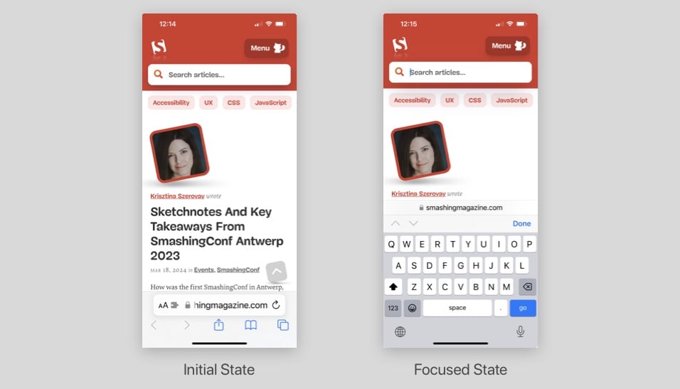 Smashing Magazine homepage in mobile view. The left side captures the site’s search form in its initial state. The right side shows the search form in its focused state, revealing the virtual keyboard.
