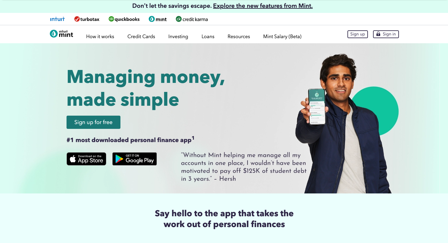 A screenshot of the Mint app website from 2021.