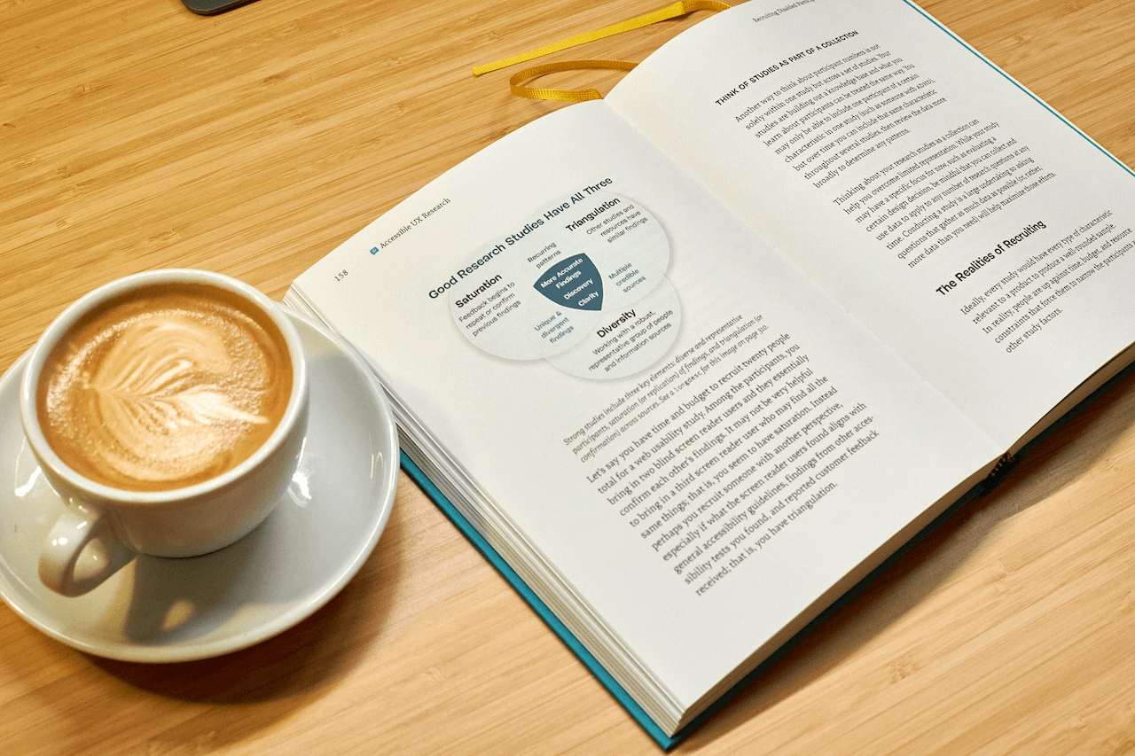 The open book on a wooden table, with a cup of coffee next to it. The left page shows a diagram visualizing the key elements of strong research studies. The right page is about recruiting disabled participants.