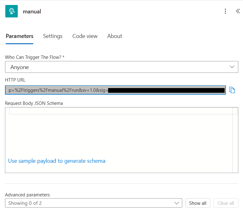 Screenshot of the 'Parameters' tab in the designer with the new 'sig='.