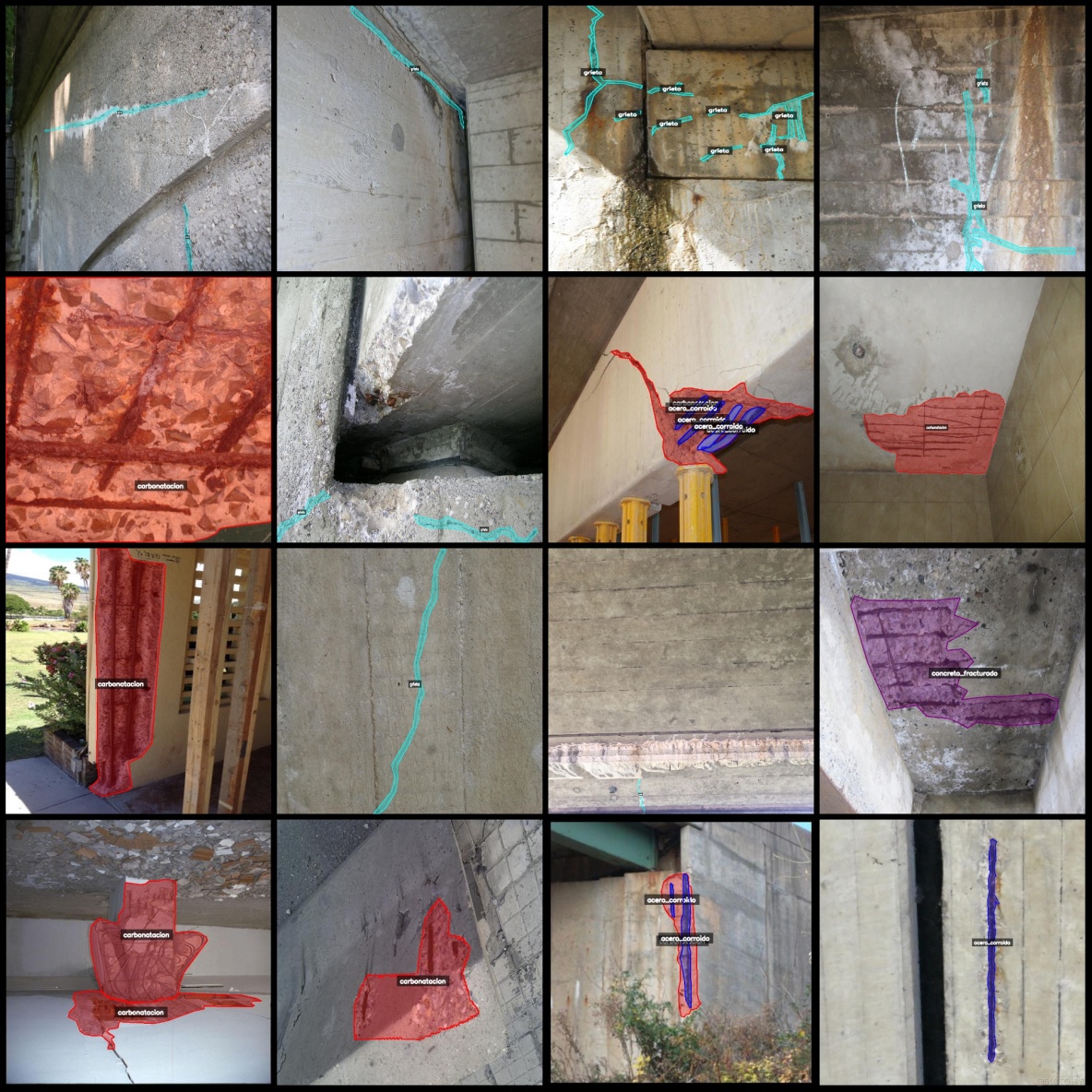建築物混凝土裂縫剝落泛鹼碳化缺陷識別分割數據集labelme格式5276張10類別_ci_04