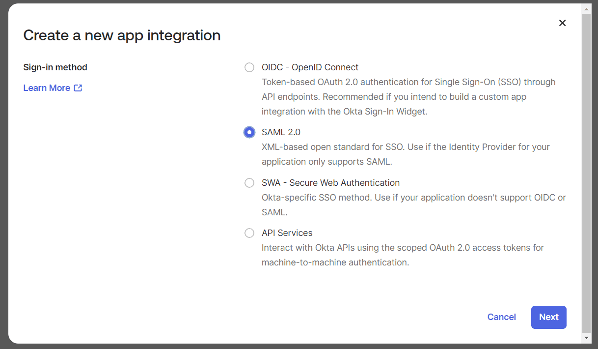 Okta create a new app integration