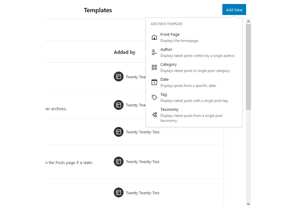 A screenshot of how to create a new page template