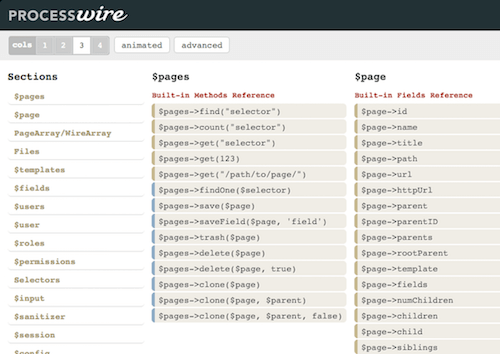 Screenshot of the ProcessWire Cheatsheet