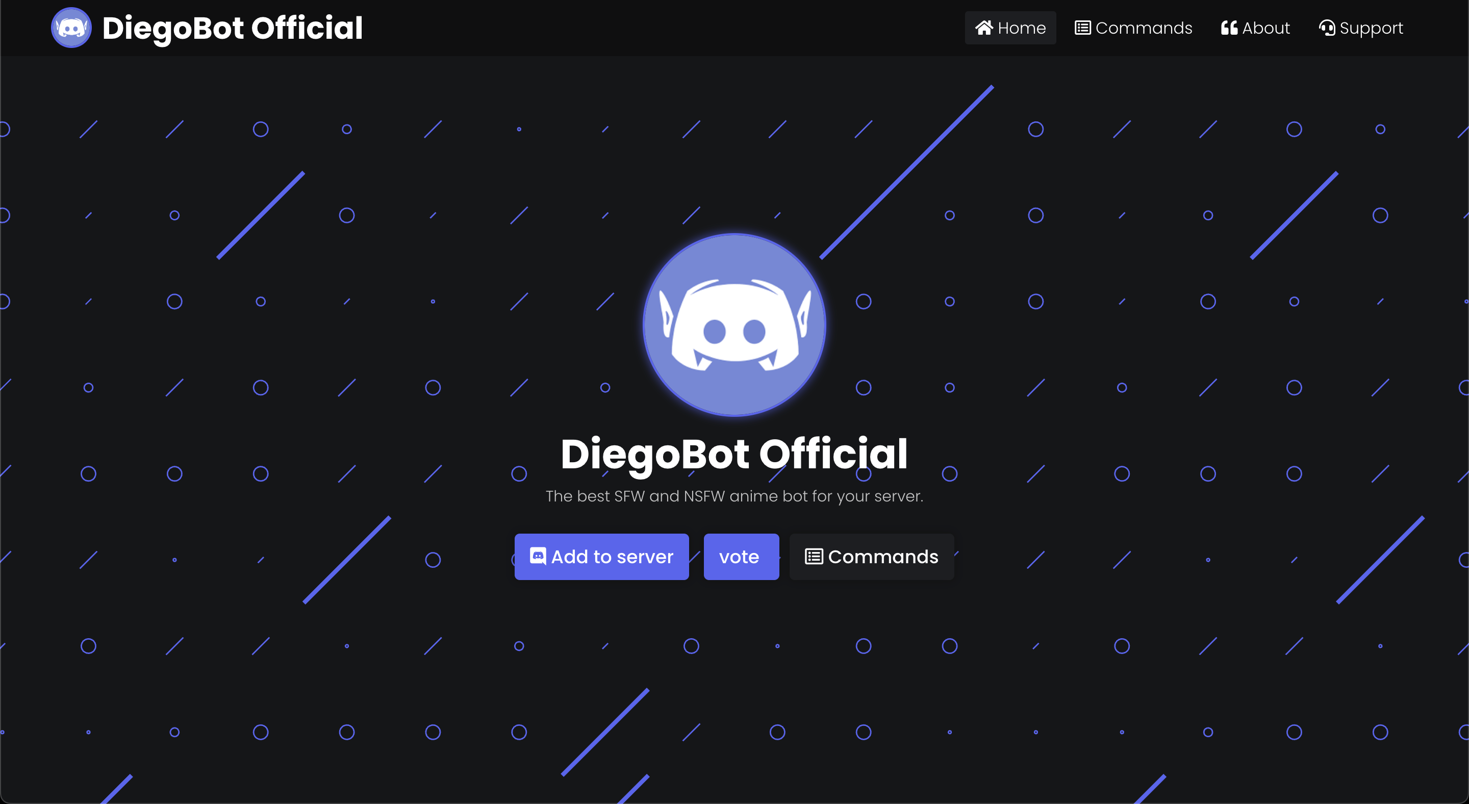 Discord Bot landing page, including a circular logo centered above a heading, text blub, then a row of three buttons.