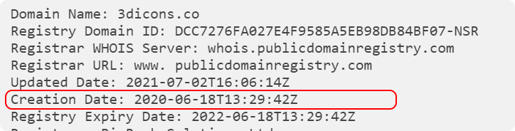 A screenshot of the WHOIS information for the 3dicons.co domain