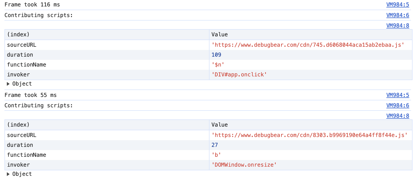 Long animation frames data the Chrome DevTools Console