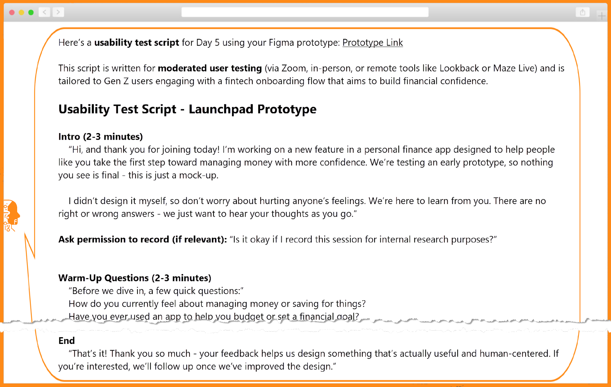 Initial usability testing script generated by AI