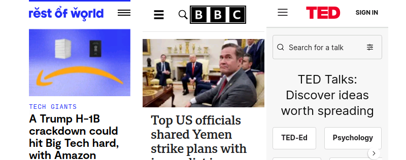 Screenshots of Rest of World, BBC News, and TED Talks on Cloud Phone
