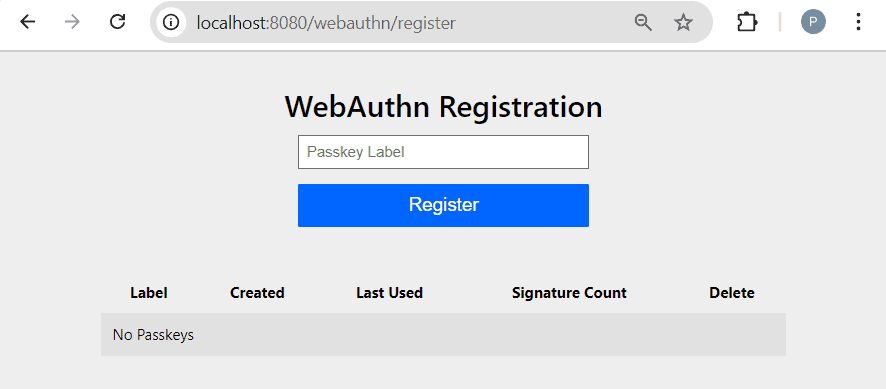 Passkey registration page
