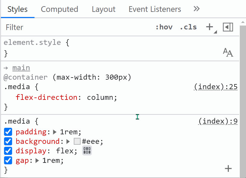 Gif animation of the Chrome DevTools' Styles pane showing how hovering over the @container a CSS rule nested in a @container rule