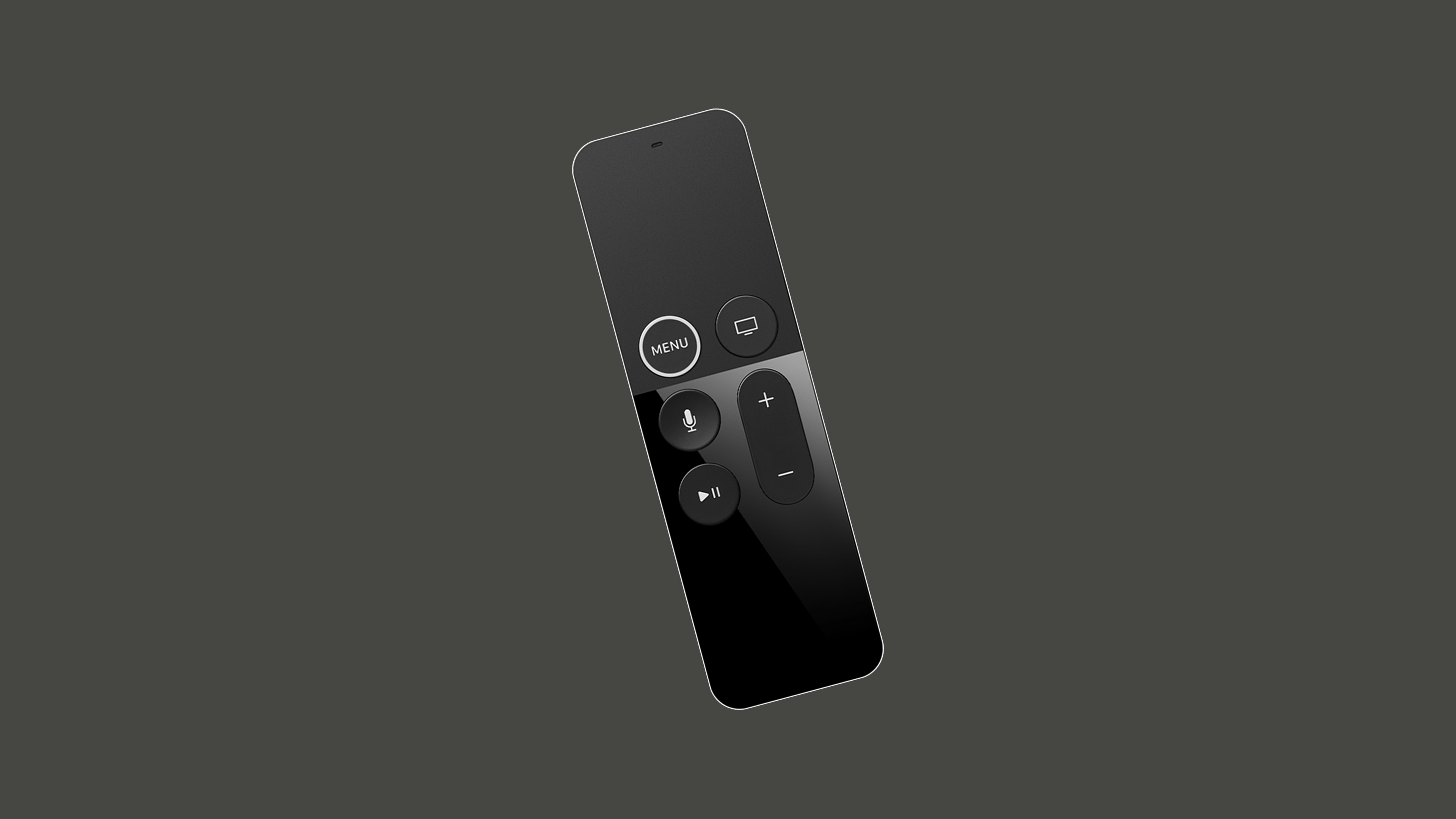 Apple TV second-generation remote (first-generation Siri remote) with a slim, rectangular aluminum body. The top half features a touchpad that replaces a traditional D-pad while maintaining the same four-directional movement, allowing for swipe gestures and precise navigation. Below the touchpad are a few essential buttons, including 'Menu,' 'TV/Home,' a microphone button for Siri voice commands, and volume controls.
