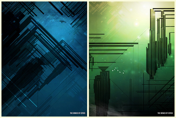 the image is divided into two parts, a composition of connected black lines on the backgroung of different shades of blue and the second part represents a composition of lines and shapes on the different shades of green background with a light source of white-yellow shades in the topper part