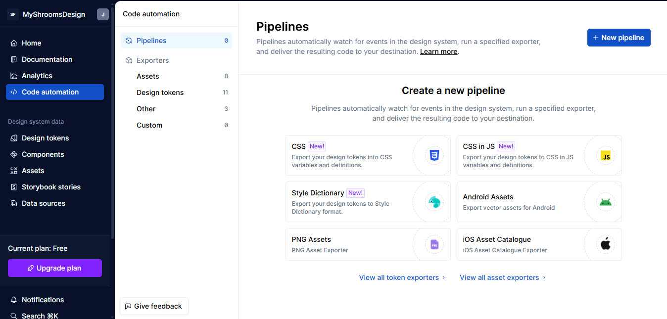 Supernova Code Automation screen showing options for creating a new pipeline that pulls information from other services to produce code documentation.