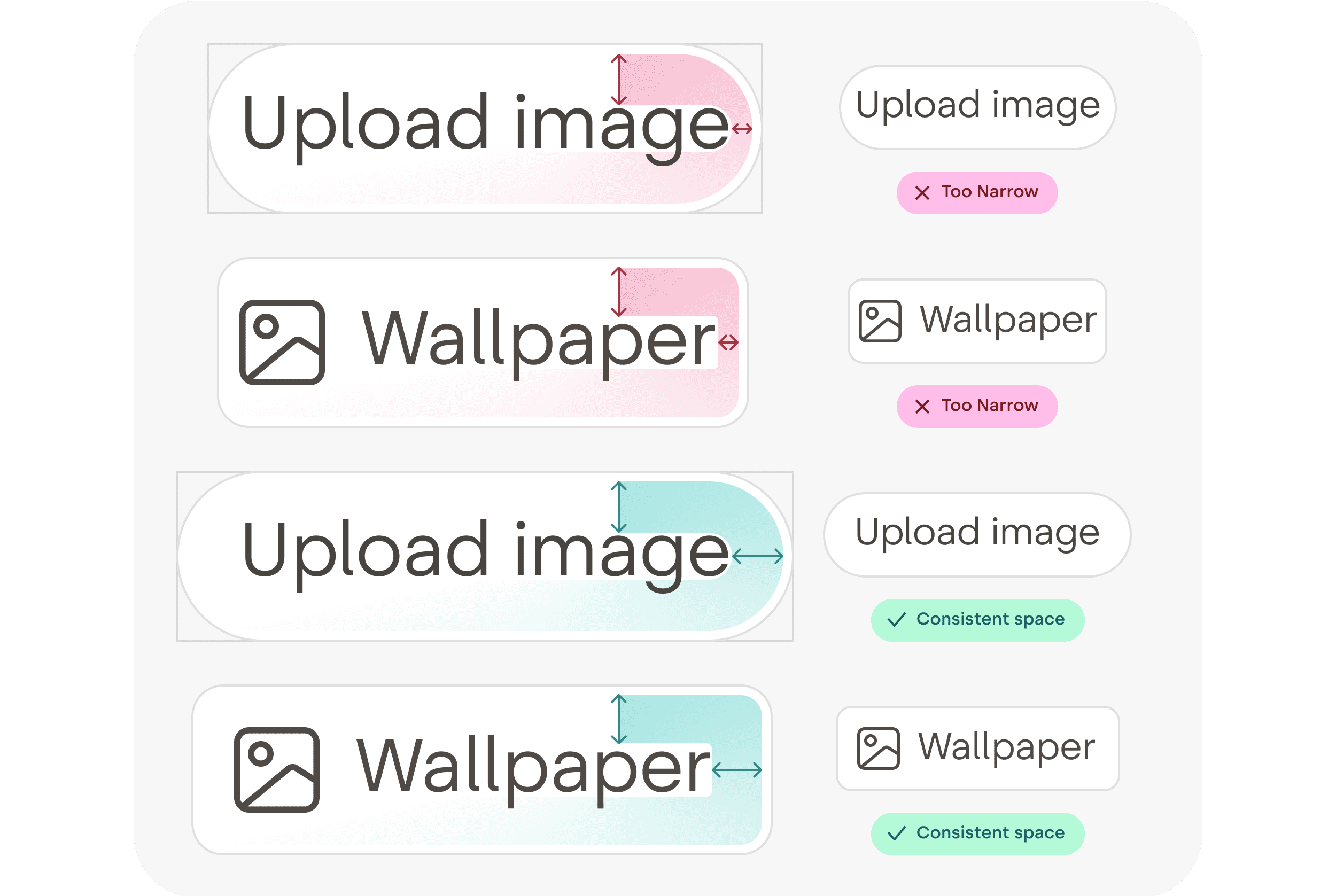 Two sets of buttons. In one set, the space is consistent above, below, leftward, and rightward. The other set has inconsistent spacing around
