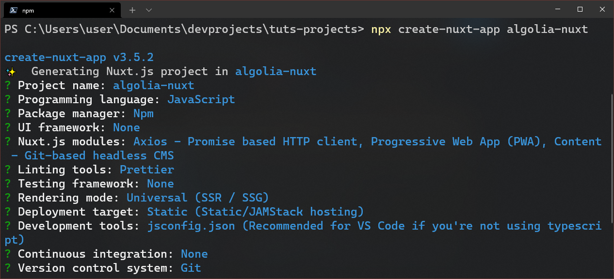 Nuxt installation options in terminal