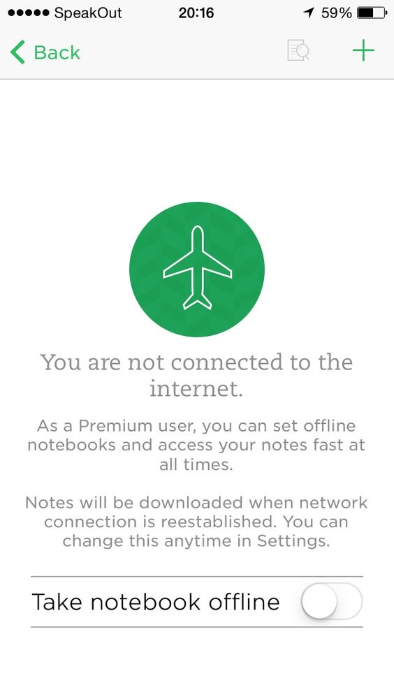 Evernote is entirely functional offline — you can edit existing notes or write a new one, and the app will sync everything up with the cloud once you’re connected again