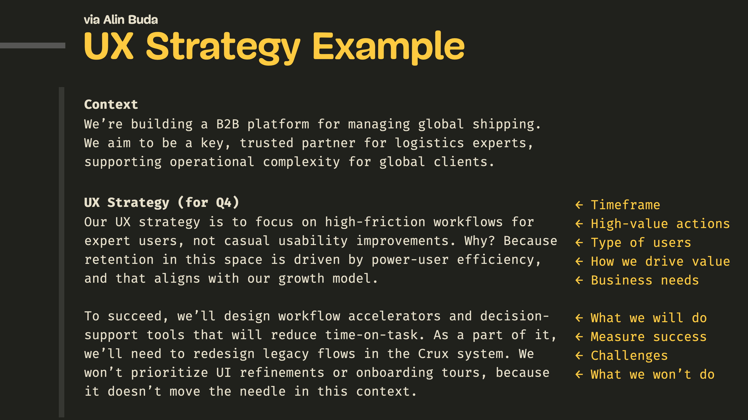 UX Strategy example, highlighting individual key points to cover.