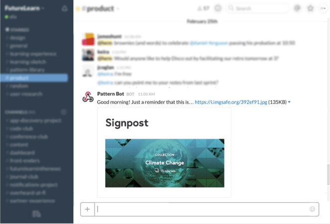 FutureLearn's Slack channel with a bot highlighting the module of the day.