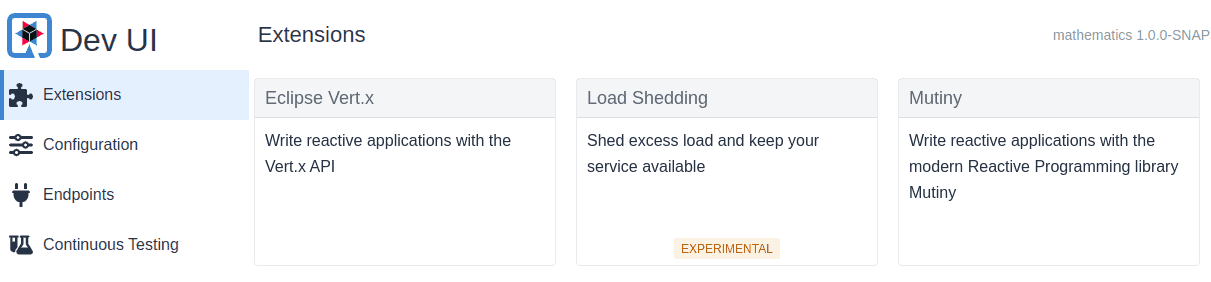 屏幕截圖顯示 Quarkus Dev UI 中已選擇擴展選項