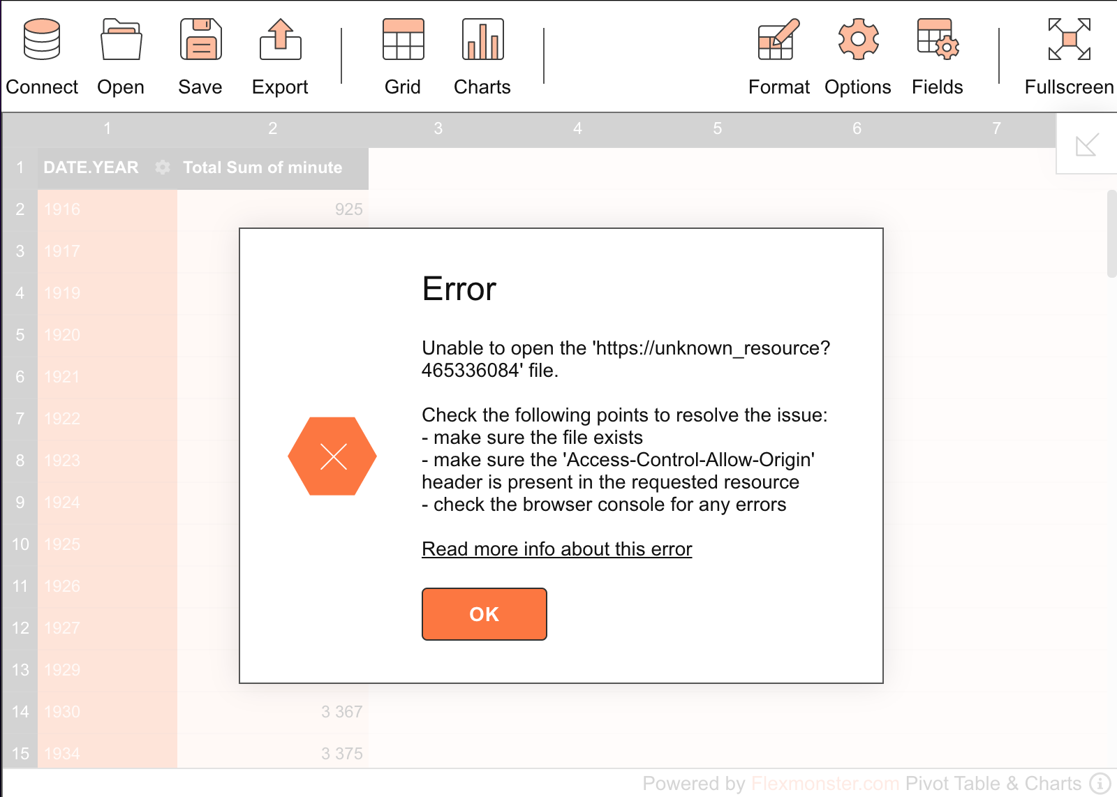 An example of an alert in Flexmonster for Desktop where the colors are not too aggressive and disturbing but drive the attention