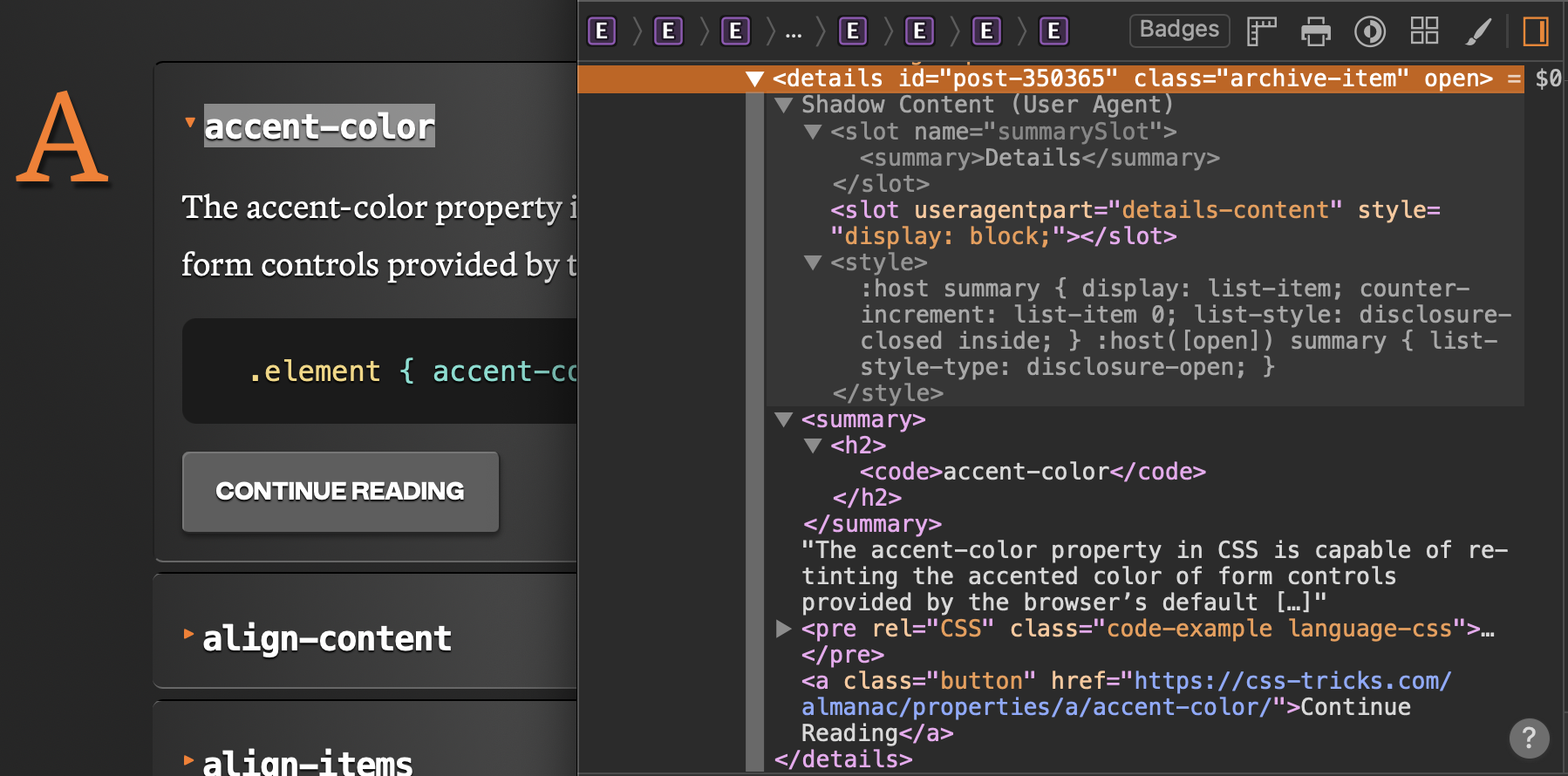 Inspecting an HTML details element’s Shadow DOM in DevTools