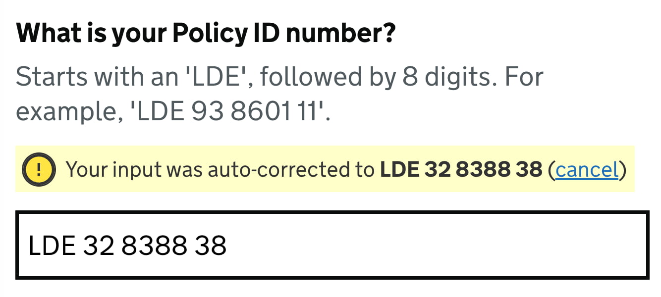 A screenshot with a hint explaining that the input has been auto-corrected.