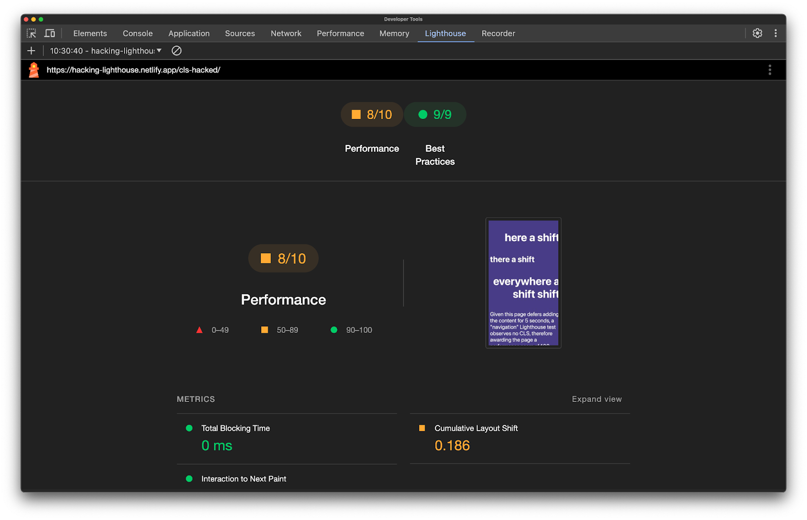 Screenshot of a timespan test performed on the same page with layout shifts.