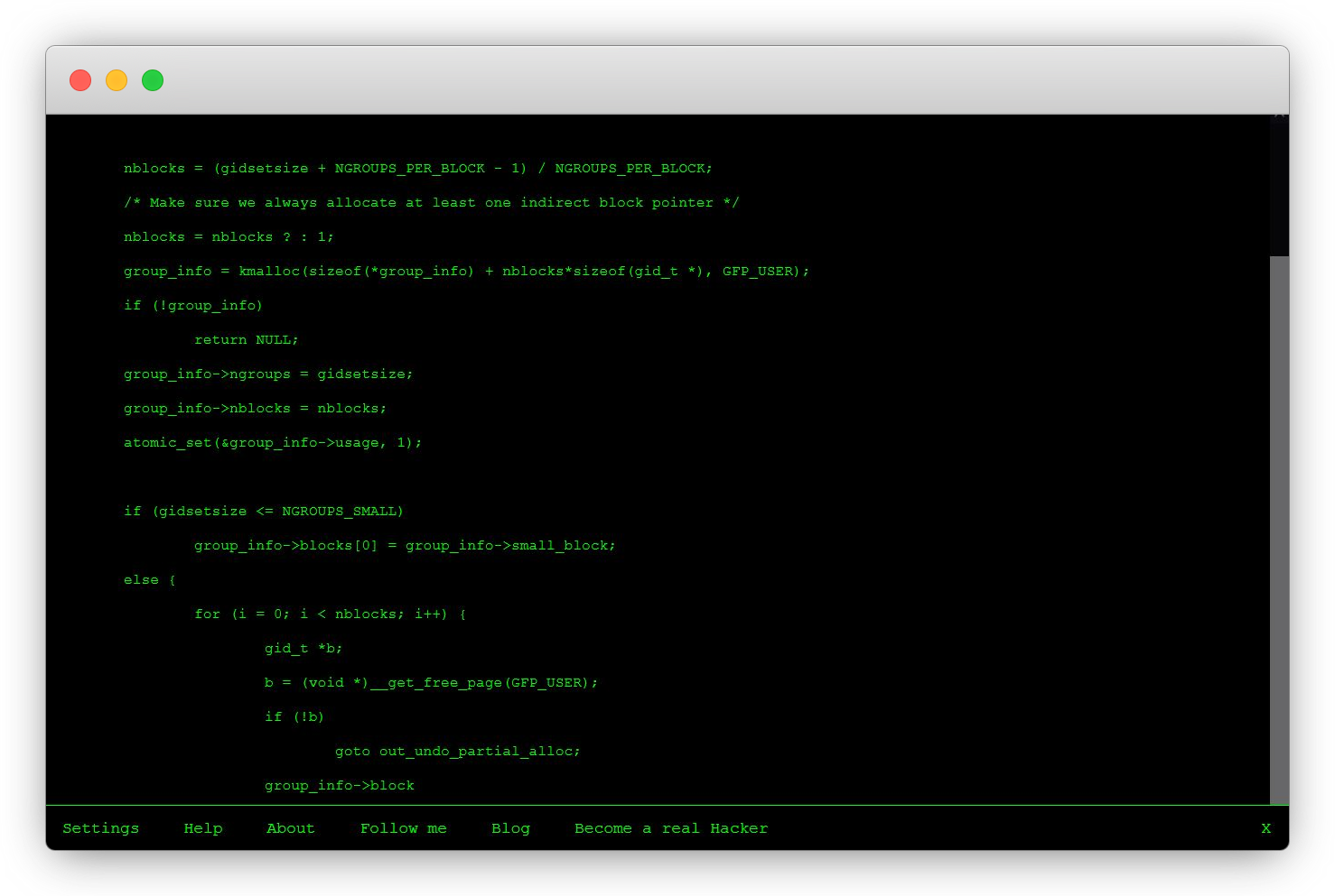 A screenshot of Hacker Typer site with green-on-black design.