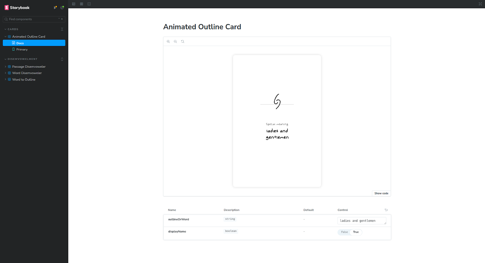 Animated outline card component displayed in Storybook’s interface.
