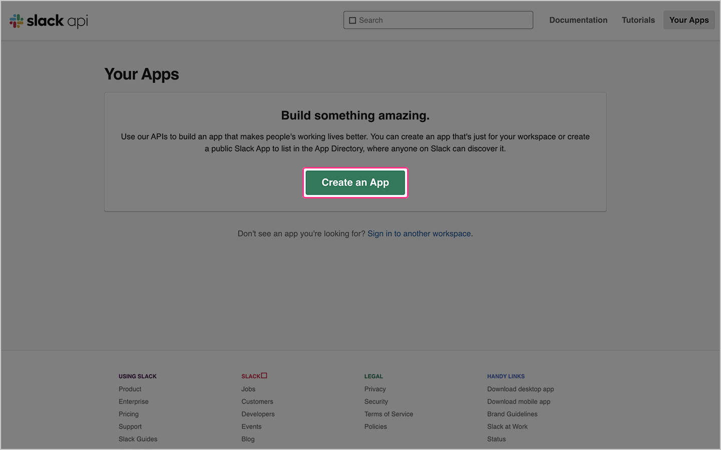 A screenshot of the slack api dashboard