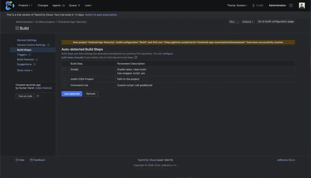 選擇自動建議的構建步驟