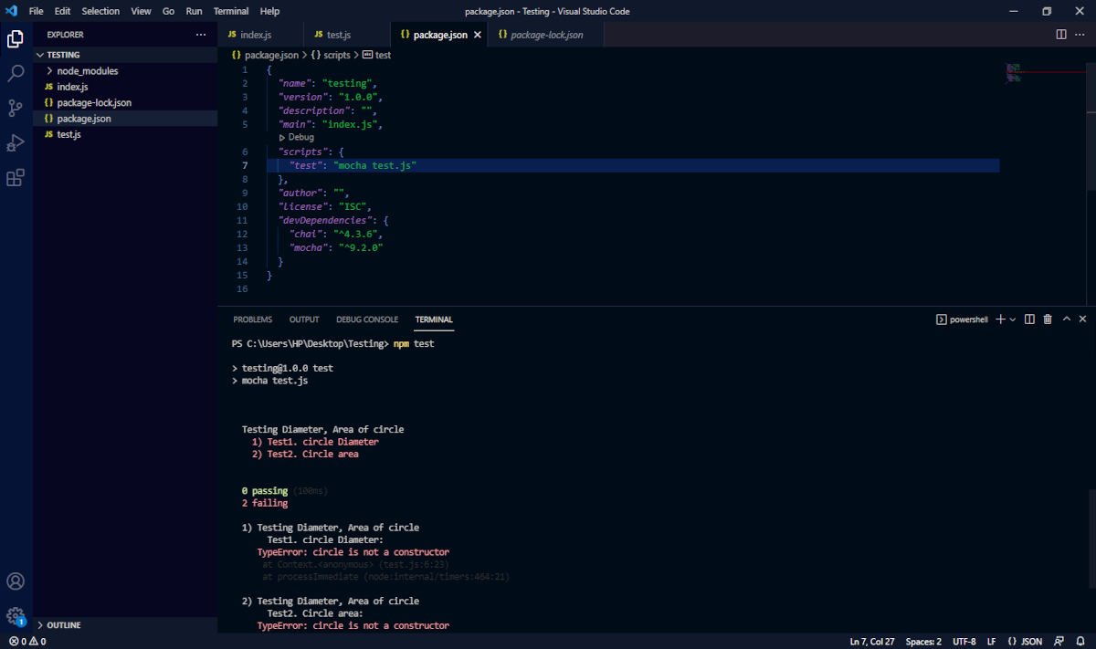 A screenshot with failing tests