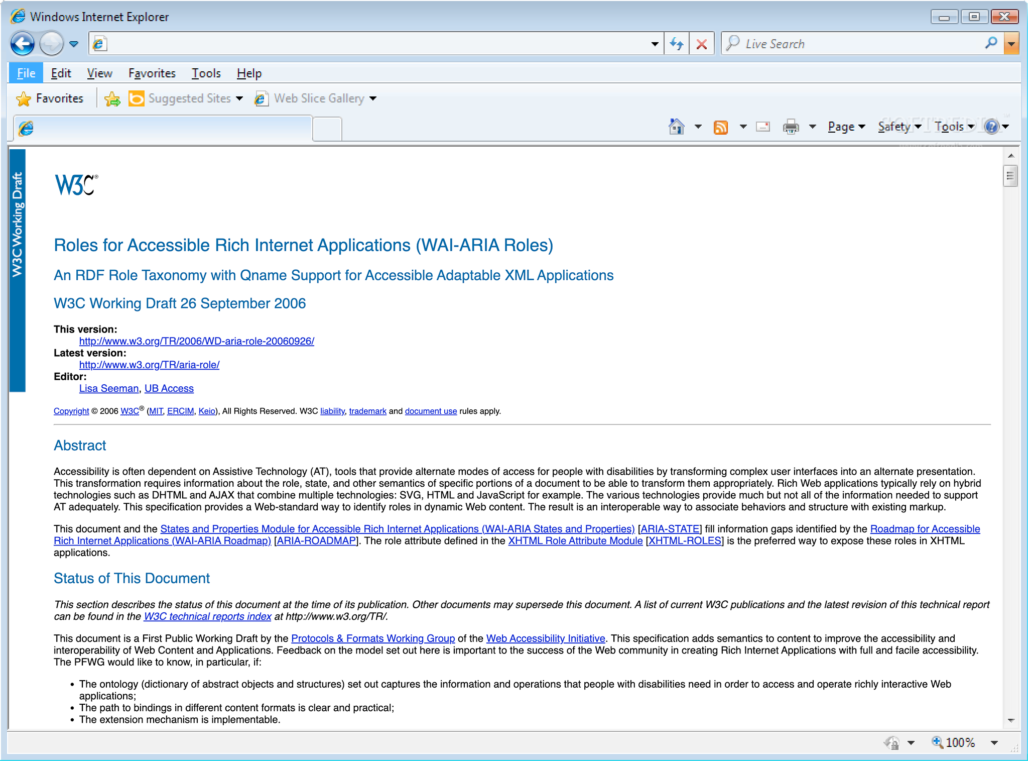 The Roles for Accessible Rich Internet Applications (WAI-ARIA Roles) specification, loaded in a copy of Internet Explorer 7.