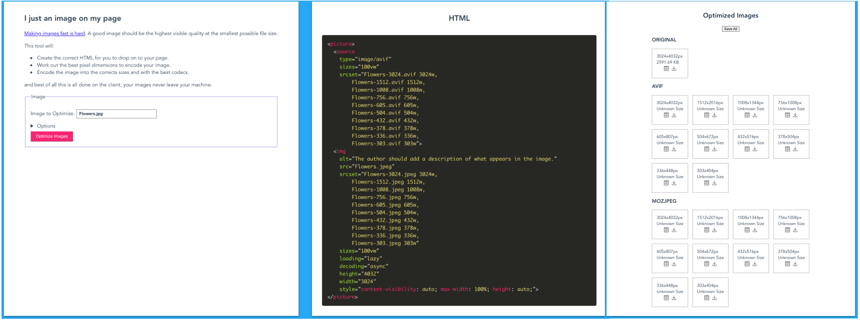 markup for the picture element for a given image with different formats and widths.