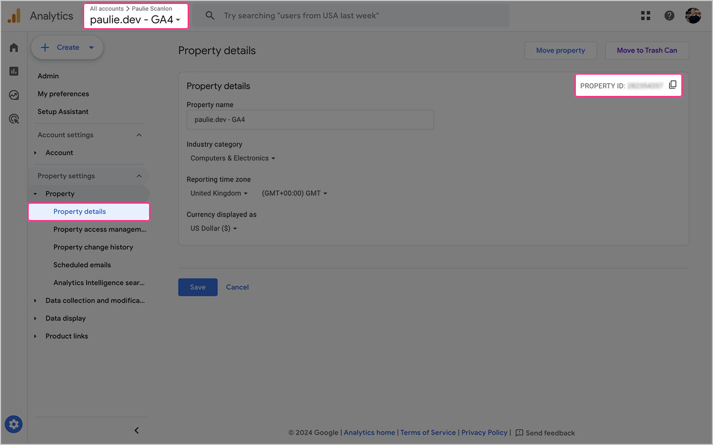 A screenshot of the Google Analytics account with the highlighted PROPERTY ID