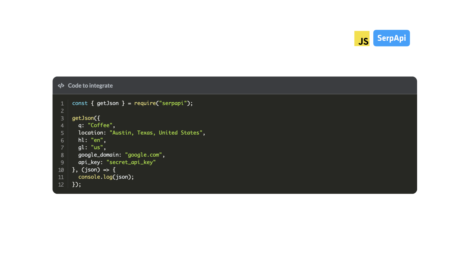 JavaScript integration code for SerpApi