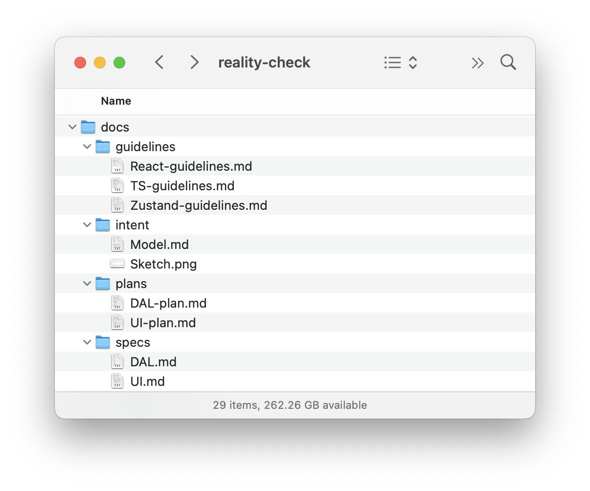 A file directory showing the docs folder containing DAL.md, Model.md, Sketch.png, and UI.md.