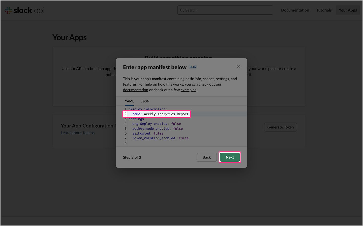 A screenshot of the slack api dashboard with the highlighted name of the app