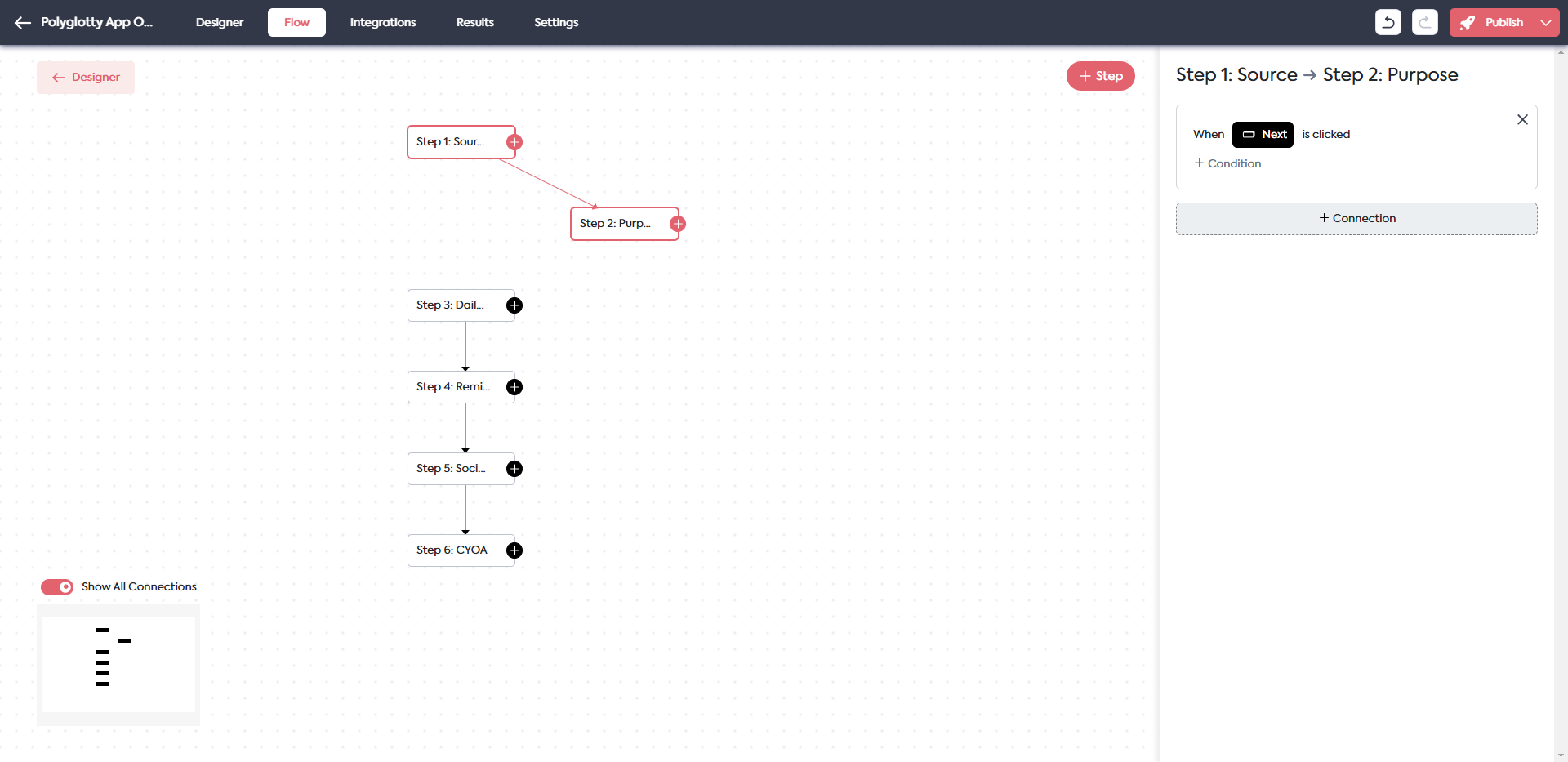 In Feathery, the Flow Editor takes users to a fullscreen flow chart. They can see existing step connections, add conditions and create new ones