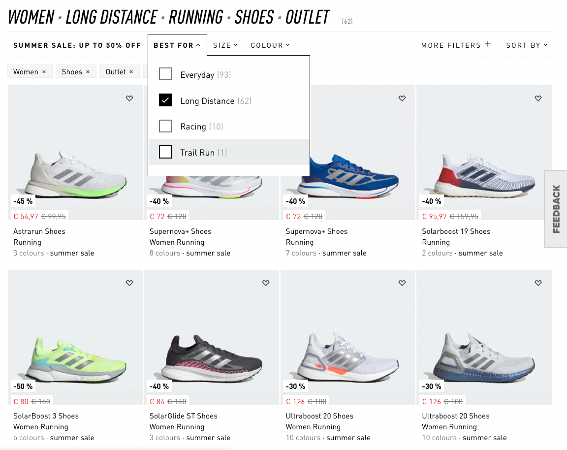 On Adidas, the filters are displayed above the product list. Each filter group opens an overlay. However, with every filter input, the filter group would need to be re-opened.
