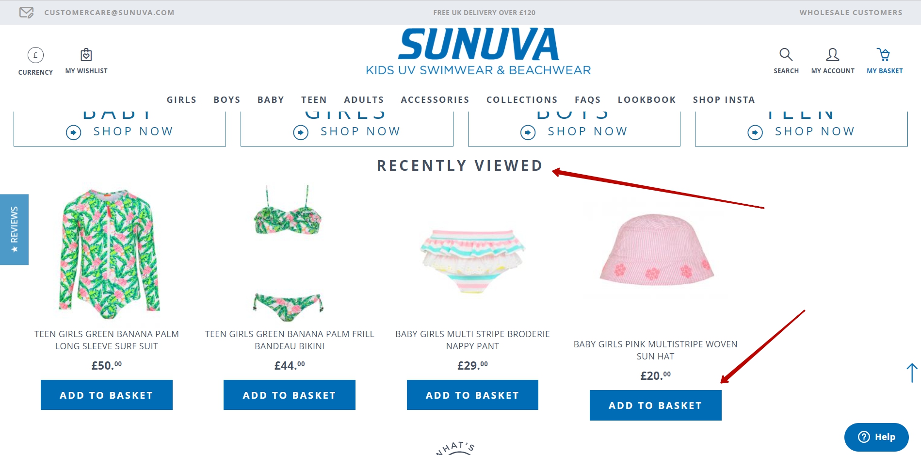 A screenshot of the website with added blocks of recently viewed items with product cards with fast 'Add to basket' buttons