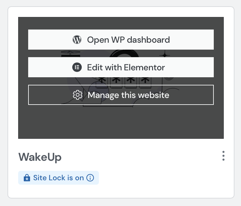 Three contextual options are shown when hovering over the WakeUp web project: Open WP dashboard, Edit with Elementor, Manage this website.