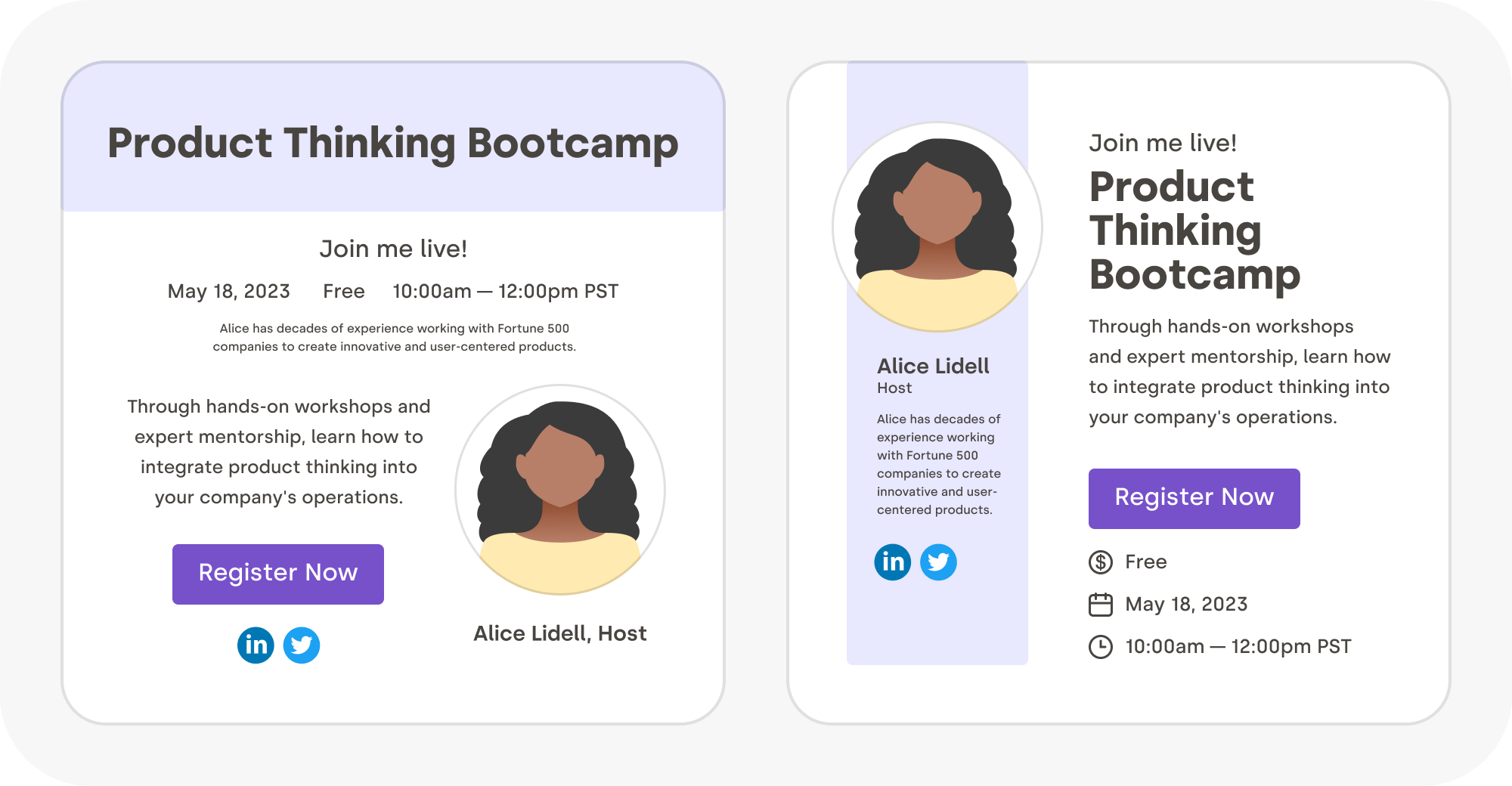 Two versions side by side: on the left, the page appears somewhat organized, but the elements are disjointed, and it's hard to follow the flow. On the right, the page has a sidebar with all the host information and a main content with all the events-related stuff