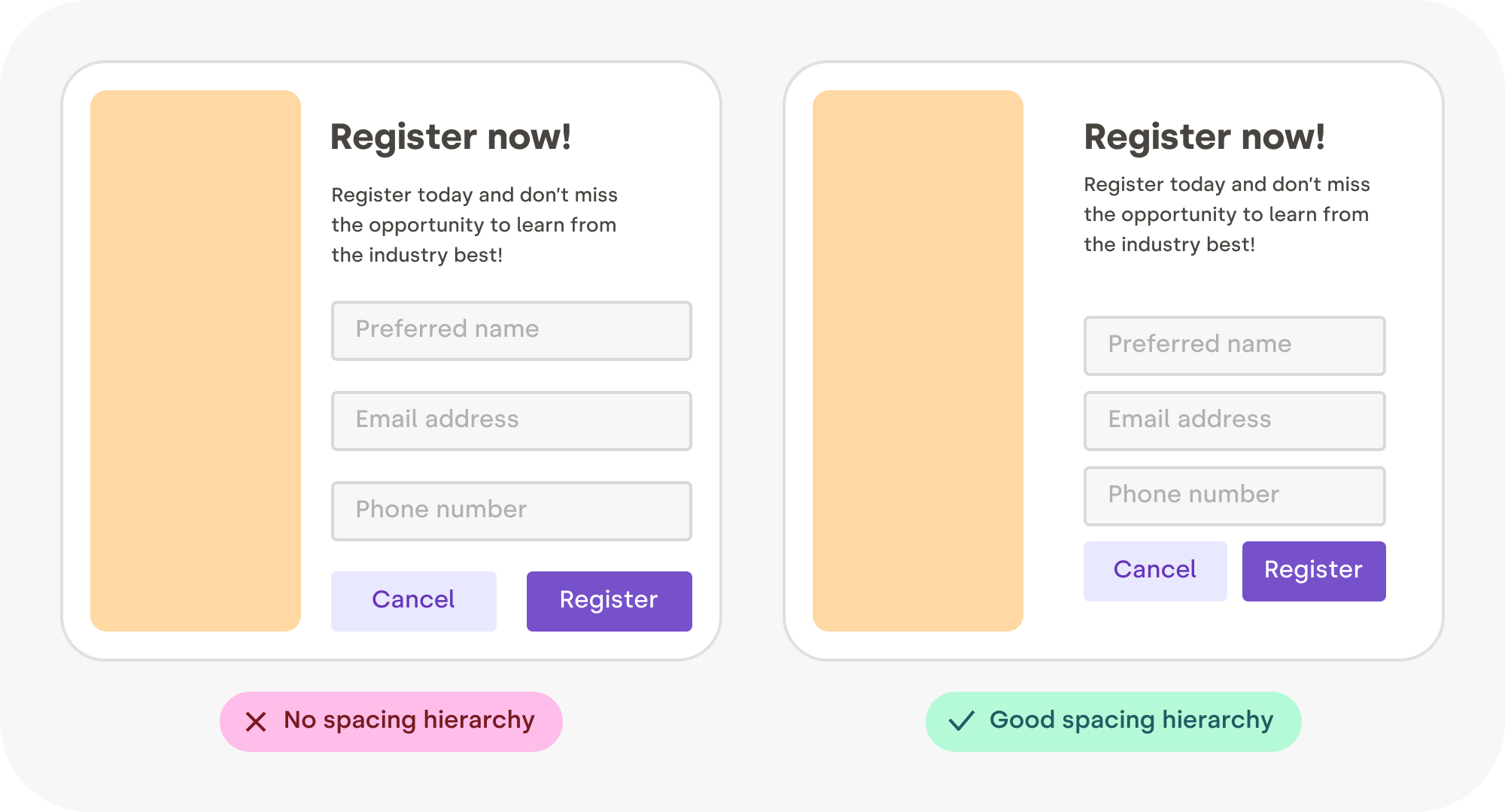 Two versions side by side: on the left, all the margins are identical. On the right, the margins are proportional to how related elements are. For example, the fields of the forms are closer together than the elements outside the form.