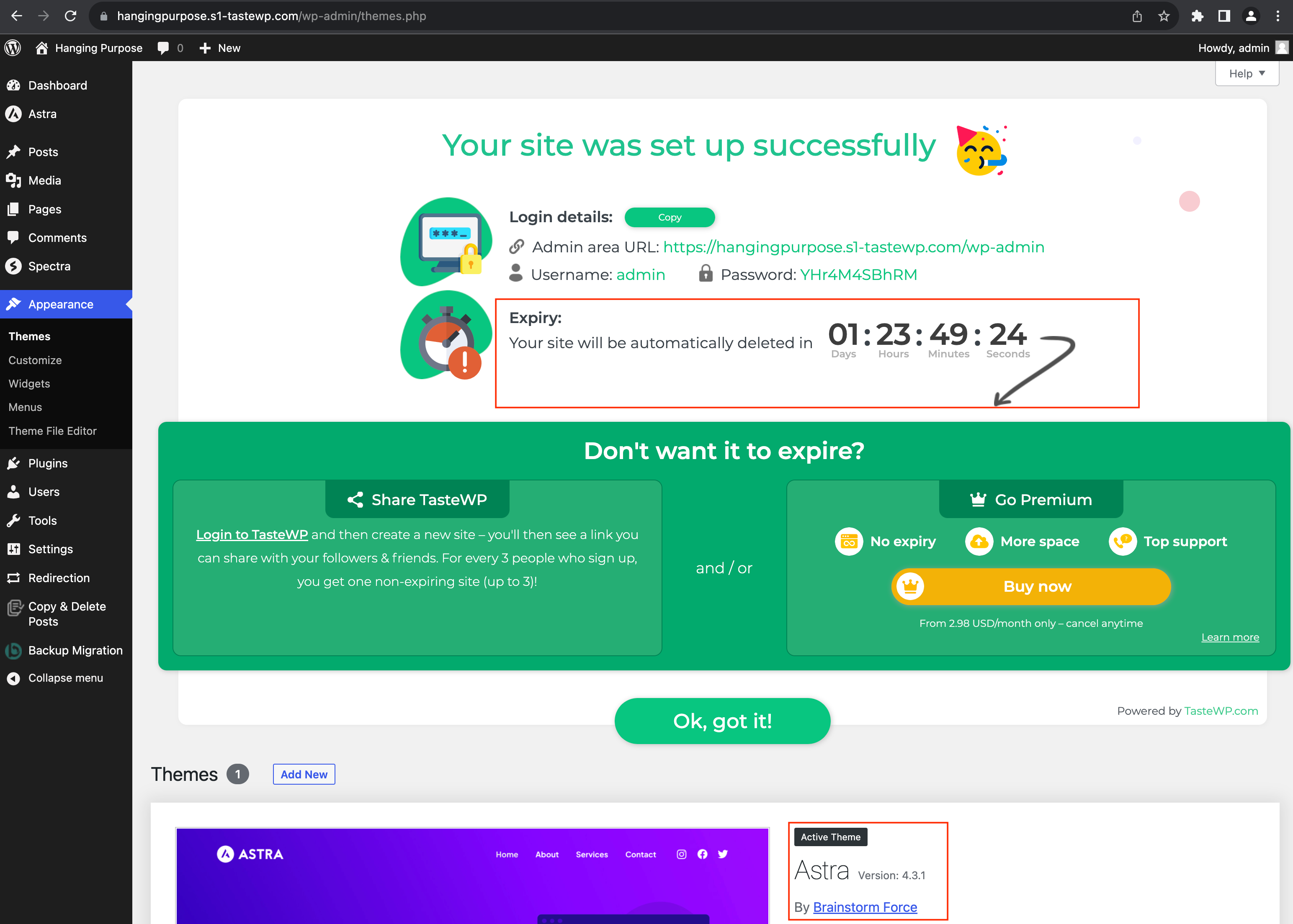 A screenshot of the TasteWP saying that your site was set up successfully in the WordPress admin
