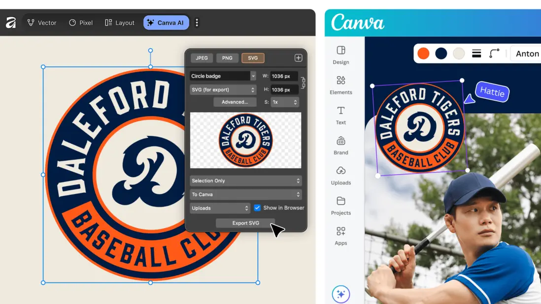 A photo of an Affinity design being exported to Canva