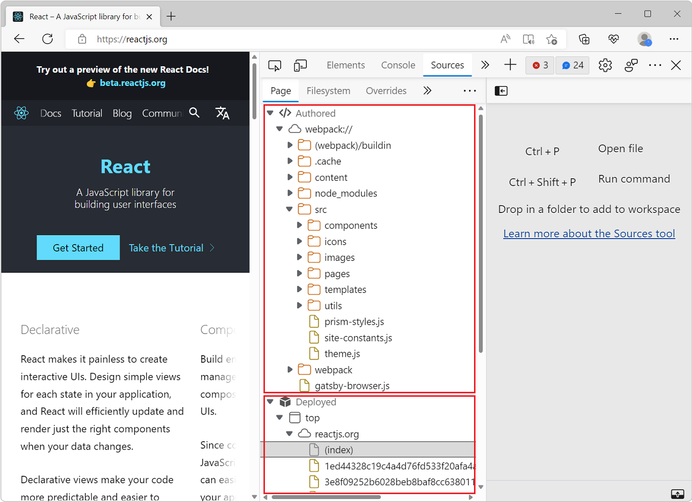 The Page source tree, showing two top level nodes: authored and deployed