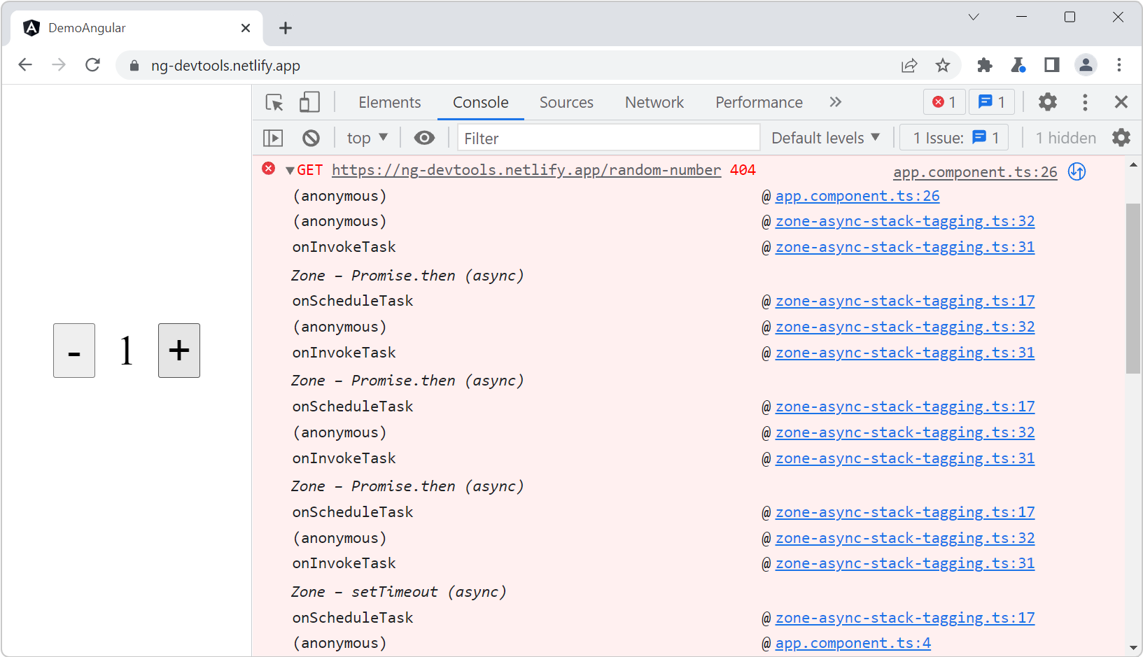Chrome DevTools Console, showing an async stack trace after a 404 error in the Console