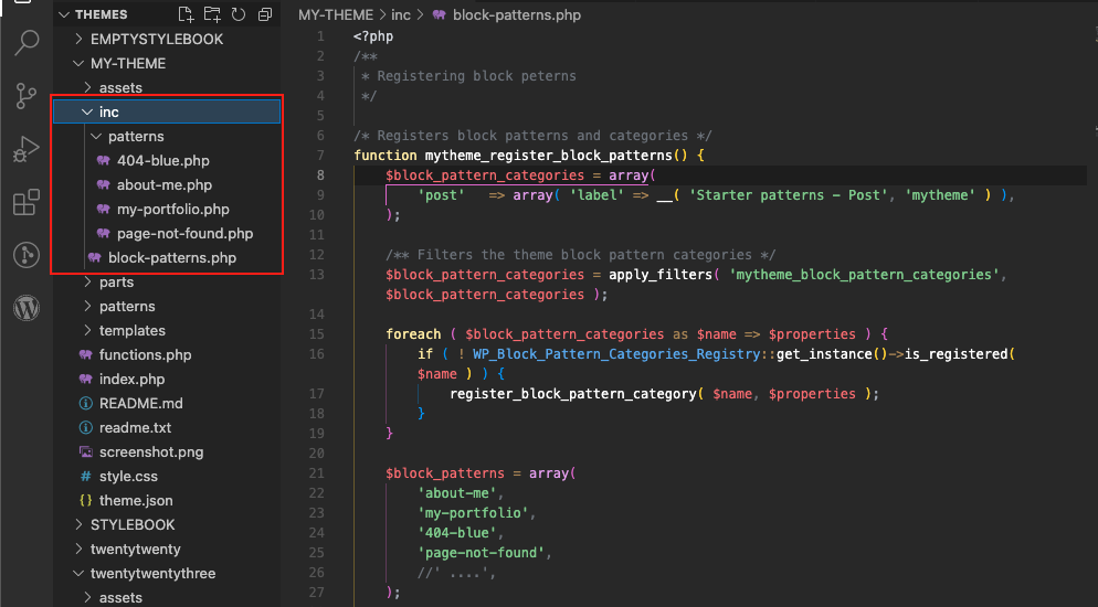 Showing the /inc folder structure containing a block-patterns.php file and a subfolder called /patterns that holds the PHP files that register individual Patterns